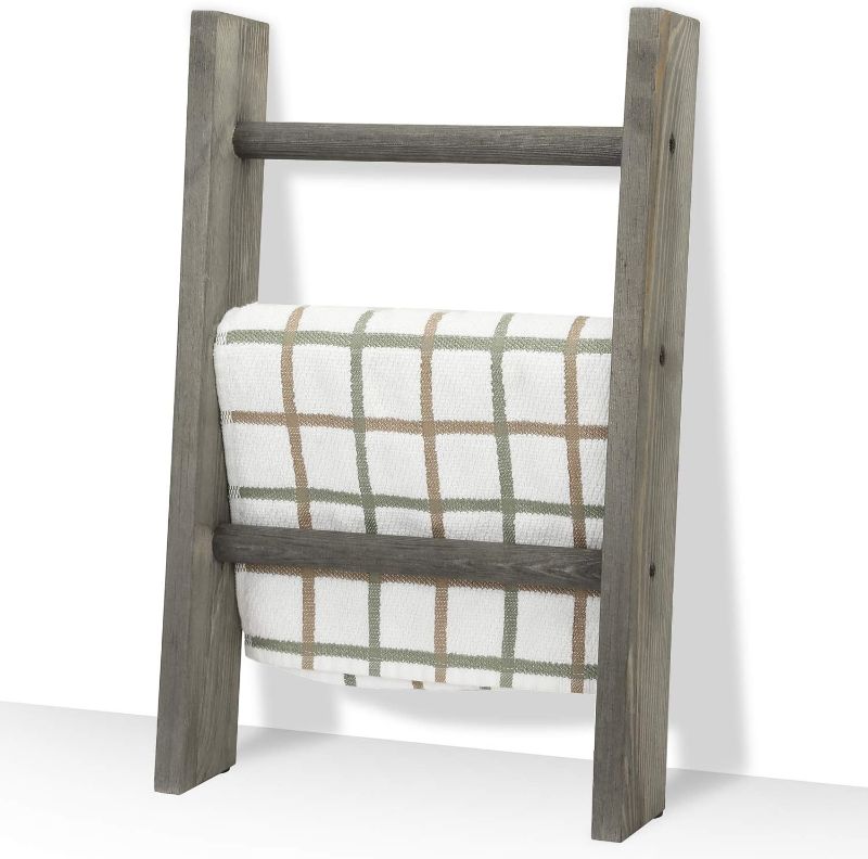 Photo 1 of 16 Inch Rustic Gray Wood Countertop Kitchen Towel Ladder with 3 Rungs, Farmhouse Bathroom Hand Towel Holder Rack
