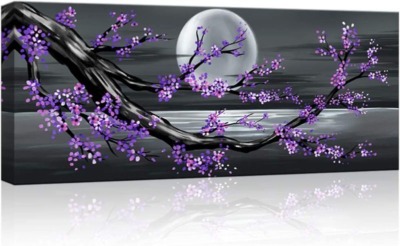 Photo 1 of  Framed Abstract Tree Painting Cherry Blossom Purple Flower Canvas Art (24" W x 48" L)