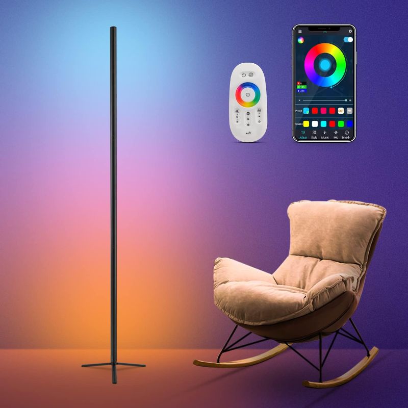 Photo 1 of  Corner Floor Lamp,LED Modern Floor Lamps for Living Room,Dimmable RGB Floor Lamp Color Changing Mood Lighting with Remote Bluetooth for Bedroom Christmas Decorations
