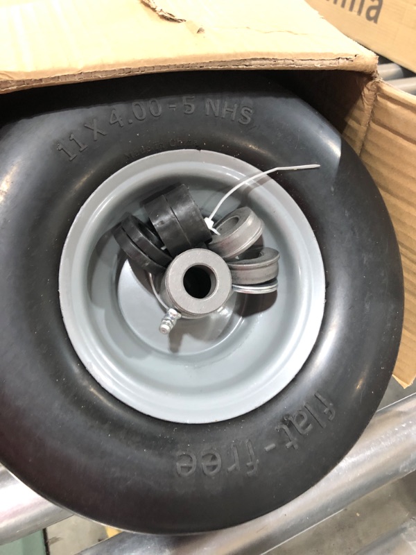 Photo 2 of 2 PCS 11x4.00-5" Flat Free Lawn Mower Tire on Wheel, 3/4" or 5/8" Bushing, 3.4"-4"-4.5 -5" Centered Hub, Universal Fit Smooth Tread Tire for Zero Turn Lawn Mowers, with Universal Adapter Kit