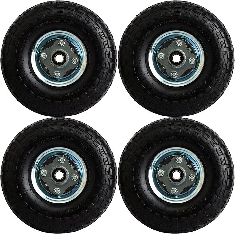 Photo 1 of 4 Pack 4.10/3.50-4" Pneumatic Air Filled Heavy-Duty Wheels/Tires,10" All Purpose Utility Wheels/Tires for Hand Truck/Gorilla Utility Cart/Garden Cart,5/8" Center Bearing,2.25" Offset Hub…