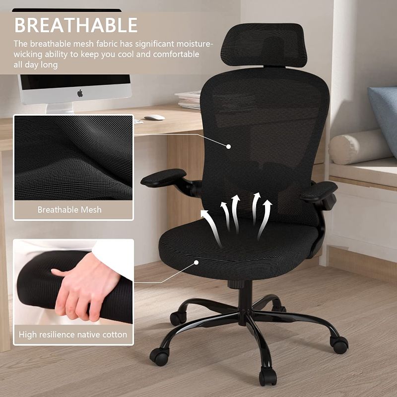 Photo 1 of Office Chair, High Back Ergonomic Desk Chair, Breathable Mesh Desk Chair with Adjustable Lumbar Support and Headrest, Swivel Task Chair with flip-up Armrests, Executive Chair for Home Office
