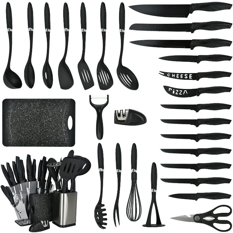 Photo 1 of 30 Pieces Knife Set and kitchen utensil set, silicone cooking utensils set for kitchen essentials with Knife Sharpener