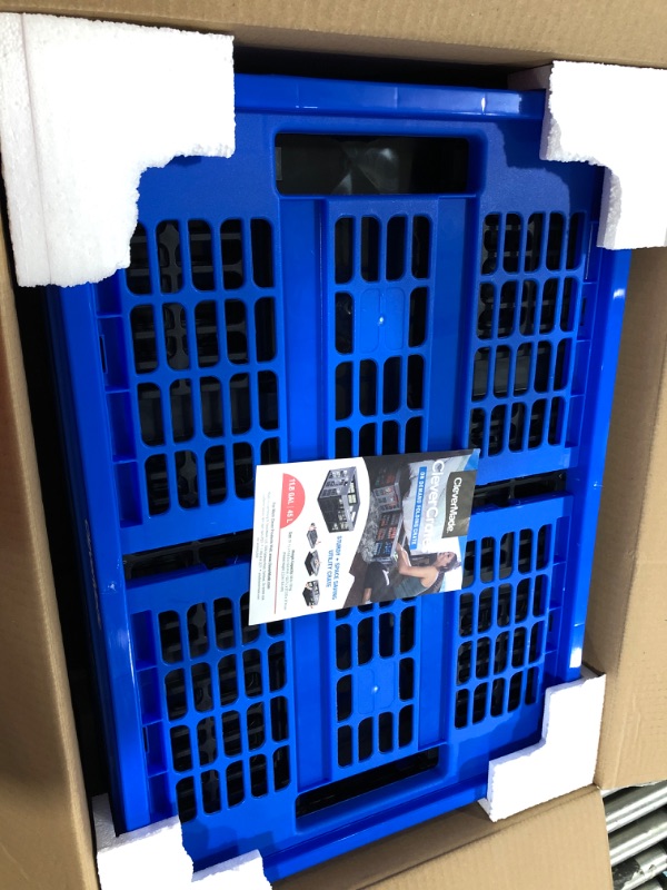 Photo 1 of CleverMade 45L Collapsible Storage Bins, Plastic Stackable Grated Wall Utility Containers, CleverCrates Baskets, Royal Blue, 3 Pack Royal Blue Pack of 3 45L Storage Bins