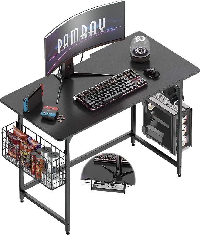 Photo 1 of Pamray 40'' Rounded Corner Home Office Desk with Thickened Bottom Crossbar and Cable Trough & Cable Management Simple Computer Desk for Work and Gaming, Black
