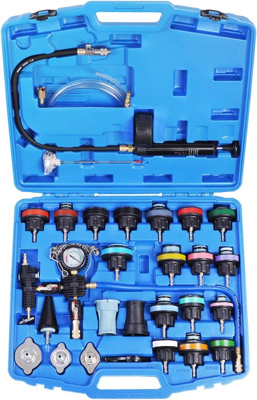 Photo 1 of YSTOOL Radiator Pressure Tester Pneumatic Vacuum Cooling System Purge Refill Kit 28PCS Universal Automotive Water Tank Leak Test and Coolant Fill Tool Set with Adapters Gauge Case