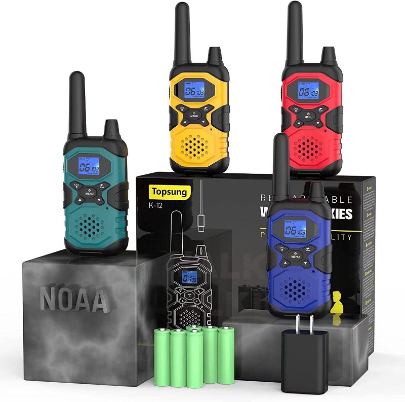 Photo 1 of Rechargeable Walkie Talkies 4 Pack Long Range Walkie Talkies for Adults - Long Distance 2 Way Radios Walkie Talkies with Earpiece and Mic Set NOAA USB Charger 4500mAh Super Power Battery Pouch Lanyard
