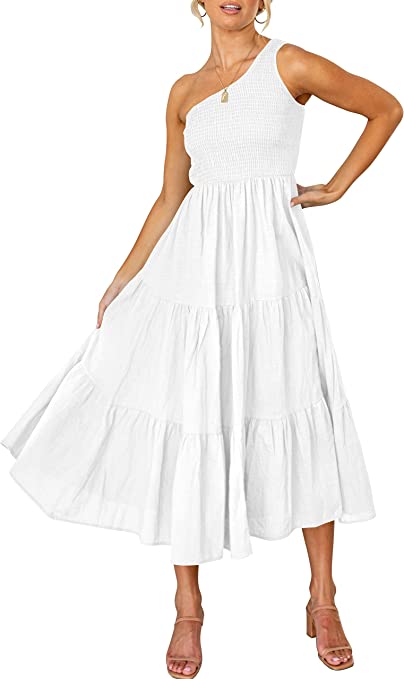 Photo 1 of ANRABESS Women's 2023 Summer Bohemian One Shoulder Sleeveless Smocked Ruffle Tiered Beach Maxi Sun Dress Size L