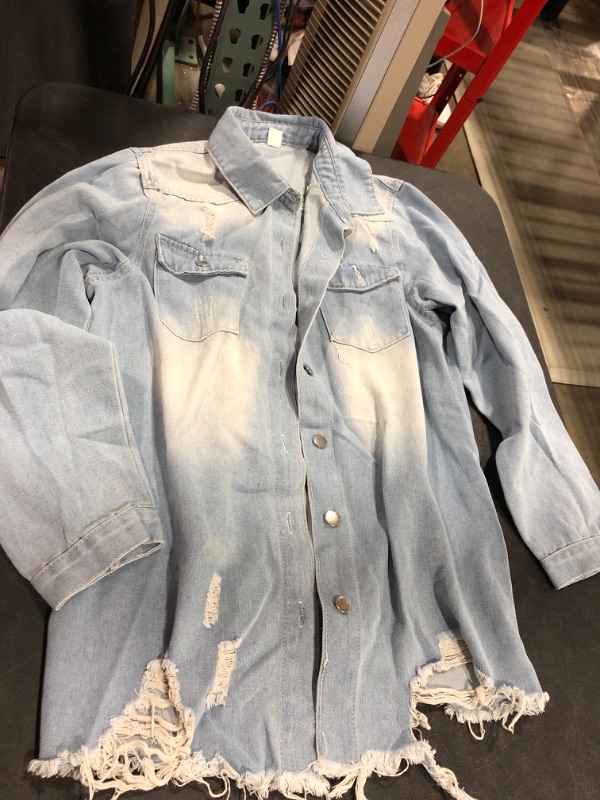 Photo 1 of American Bazi Long Destructed Denim Shacket in Faded Light Blue Size XL