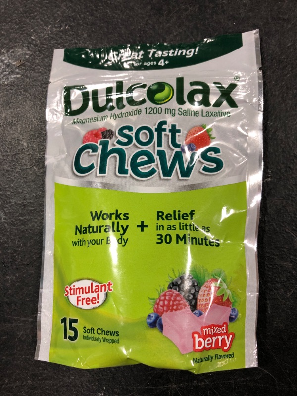 Photo 2 of Dulcolax Soft Chews Saline Laxative Gentle Constipation Relief, Magnesium Hydroxide 1200mg, 15 Count, Mixed Berry Flavor Adult Mixed Berry 15 Count (Pack of 1)