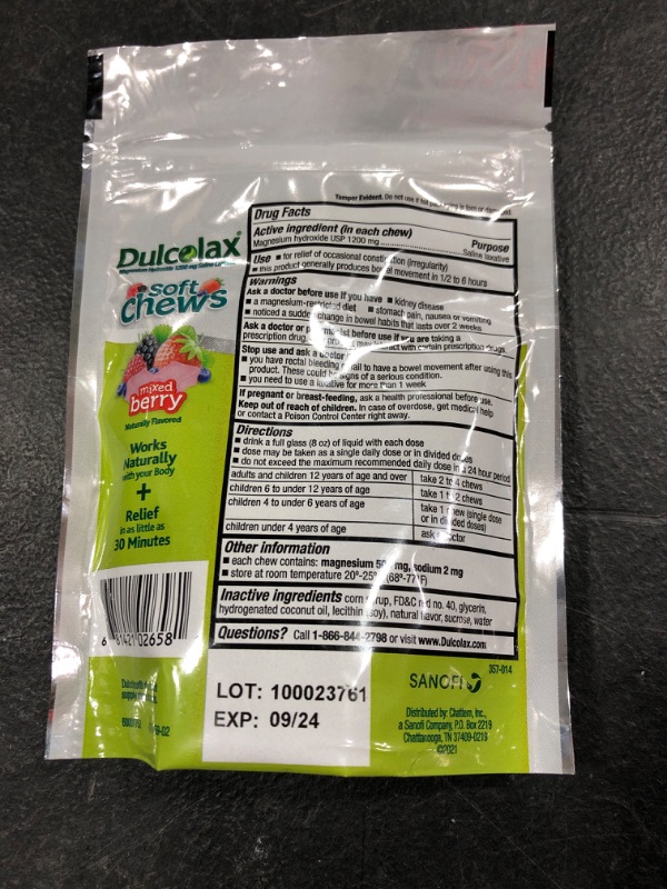 Photo 1 of Dulcolax Soft Chews Saline Laxative Gentle Constipation Relief, Magnesium Hydroxide 1200mg, 15 Count, Mixed Berry Flavor Adult Mixed Berry 15 Count (Pack of 1)