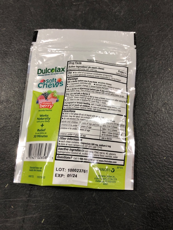 Photo 3 of Dulcolax Soft Chews Saline Laxative Gentle Constipation Relief, Magnesium Hydroxide 1200mg, 15 Count, Mixed Berry Flavor Adult Mixed Berry 15 Count (Pack of 1)