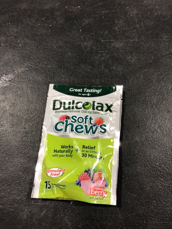 Photo 2 of Dulcolax Soft Chews Saline Laxative Gentle Constipation Relief, Magnesium Hydroxide 1200mg, 15 Count, Mixed Berry Flavor Adult Mixed Berry 15 Count (Pack of 1)