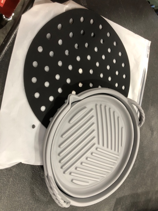 Photo 2 of 2 Pack Air Fryer Silicone Liners, Airfryer Liners comes with 1 Mat black, Air Fryer Accessories is made of 100% Silicone, Silicone Air Fryer Liners is gray in color, Air Fryer Liners 7.5inch.