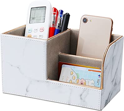 Photo 1 of MEGREZ Desk Pencil Holder with 3 Compartments, PU Leather Pen Organizer for Home & Office Storage Remote Control, Stationery, Makeup Brushes, White-Gold Marble 