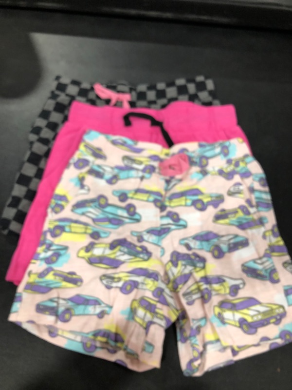 Photo 2 of Amazon Essentials Girls and Toddlers' Knit Jersey Play Shorts (Previously Spotted Zebra), Multipacks 3 Pink/Light Grey/Black, Cars Small