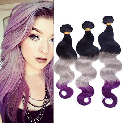 Photo 1 of  Beauty Hair Dark Roots Silver Grey and Purple 3 Tone Ombre Peruvian Hair Weave Bundles Body Wave #1B/Grey/Purple Ombre Human Hair Bundles Deals 3Pcs Lot Double Wefts 8 inch 
