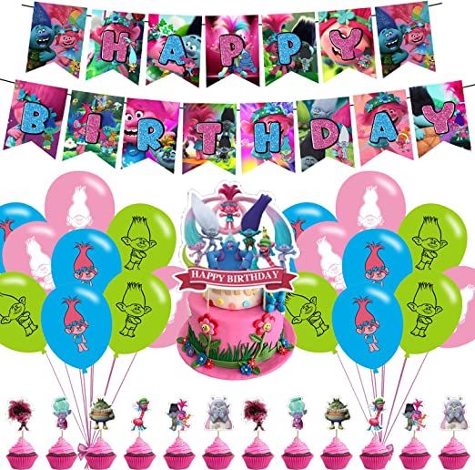 Photo 1 of 32 Trolls Birthday Party Decorations,Party Supply Set for Kids with 1 Happy Birthday Banner Garland , 13 Cupcake Toppers ,18 Balloons for Party Decorations
