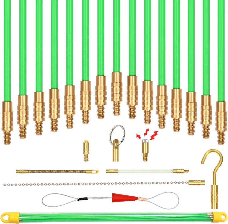 Photo 1 of 50 Feet Fiberglass Cable Wire Running Rod Coaxial Electrical Connectable Fish Tape Pull Kit, Kit with Glow Rod, Hook Hole, Green
