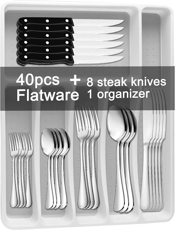 Photo 1 of 49-Piece Silverware Set with Flatware Drawer Organizer, Durable Stainless Steel Cutlery Set for 8, Mirror Polished Kitchen Utensils Tableware Service with Steak Knives Dinner Fork Knife Spoon & Tray
