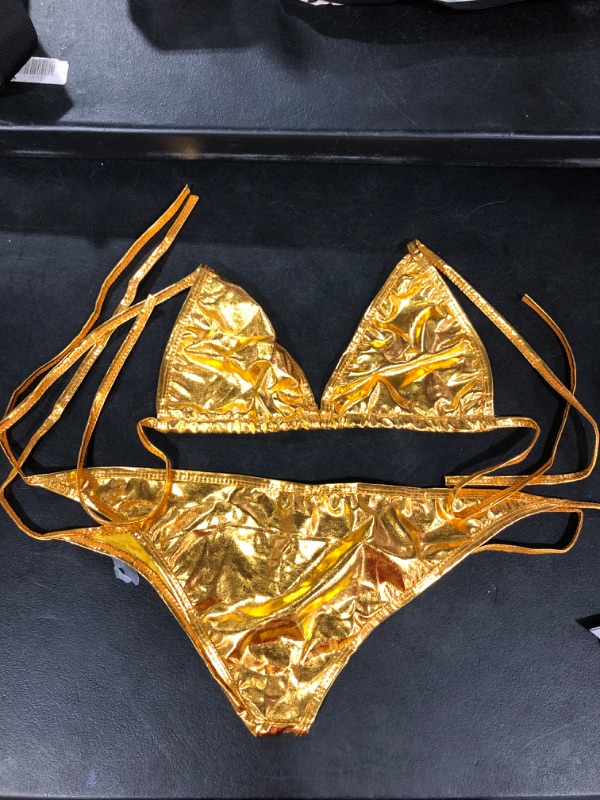 Photo 2 of DeSeeni Sexy Brazilian Bikini Set Lingerie 2 Piece Metallic Swimsuit Bra Panty Set Swimwear Gold