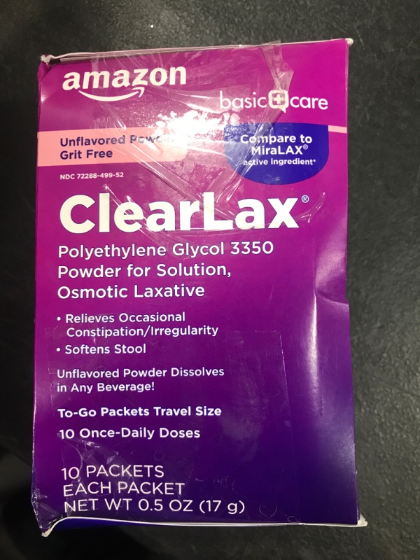 Photo 2 of Amazon Basic Care ClearLax, Polyethylene Glycol 3350 Powder for Solution, Osmotic Laxative, 0.5 Ounce each, 10 Count (Pack of 1)