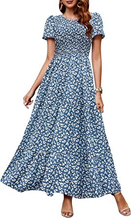 Photo 1 of AUSELILY Womens Summer Floral Tiered Maxi Dress Casual Short Sleeve Smocked-Top Bohemian Maxi Dress https://a.co/d/bFYukiA