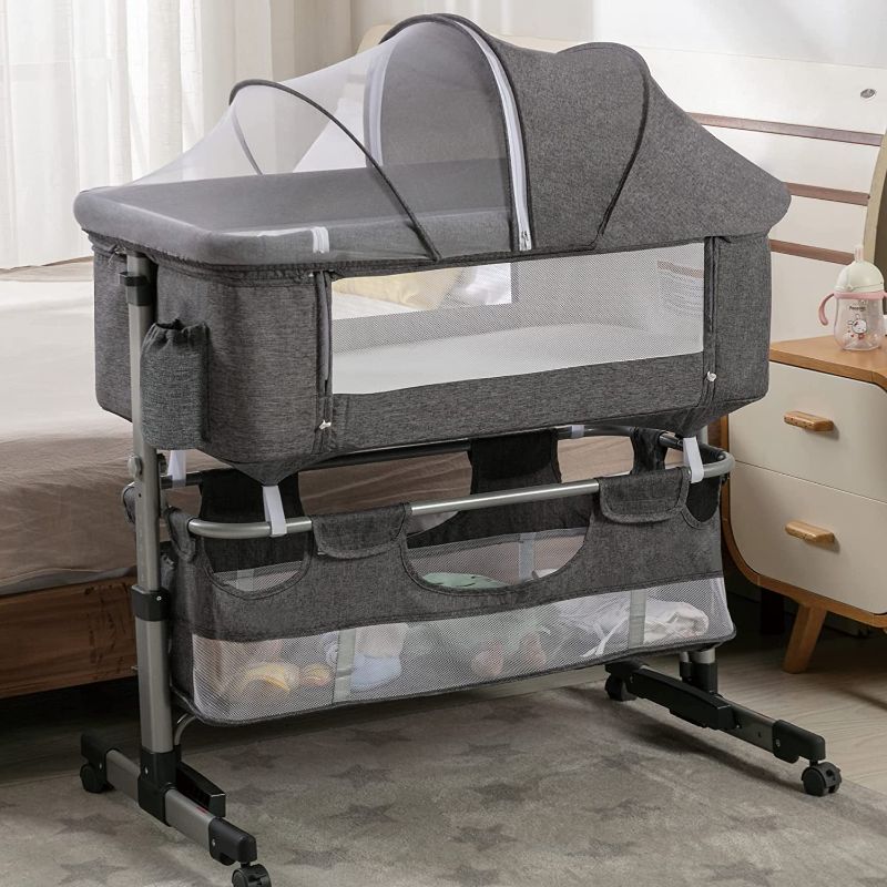 Photo 1 of Cuddor Bedside Bassinet for Baby, Bedside Sleeper with Wheels, Heigt Adjustable, with Mosquito Nets, Large Storage Bag, for Infant/Baby/Newborn - Grey