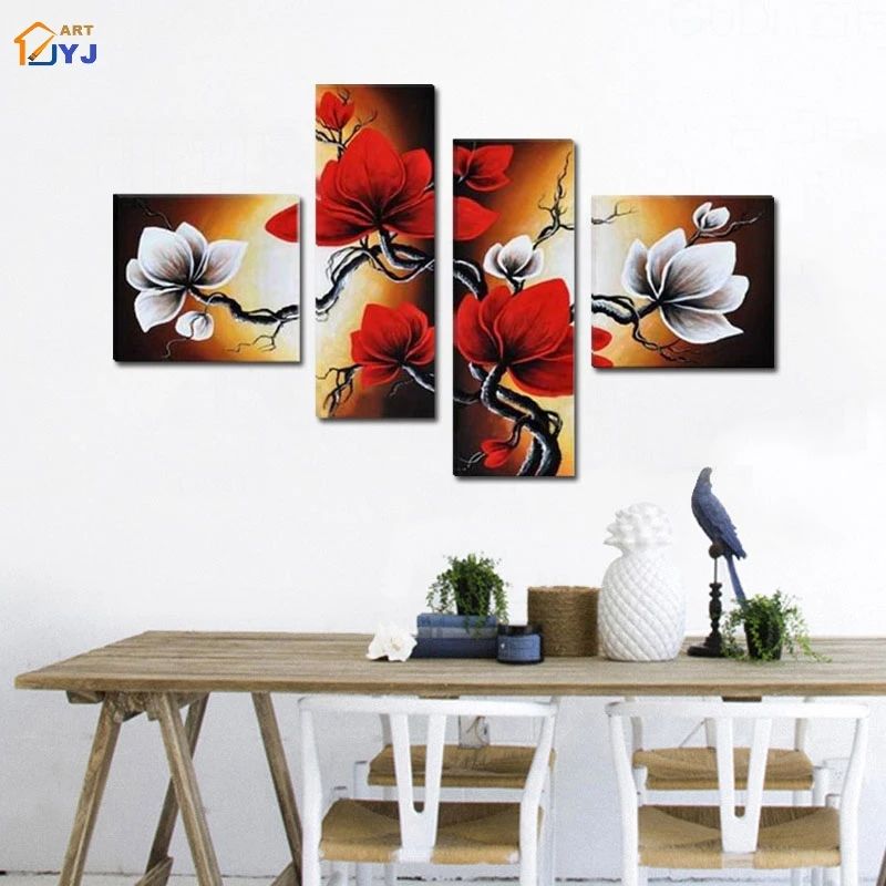 Photo 1 of 4 Panels Modular Magnolia Flower Pic Wall Art Gift for Living Room Hand Painted Modern Oil Painting on Canvas