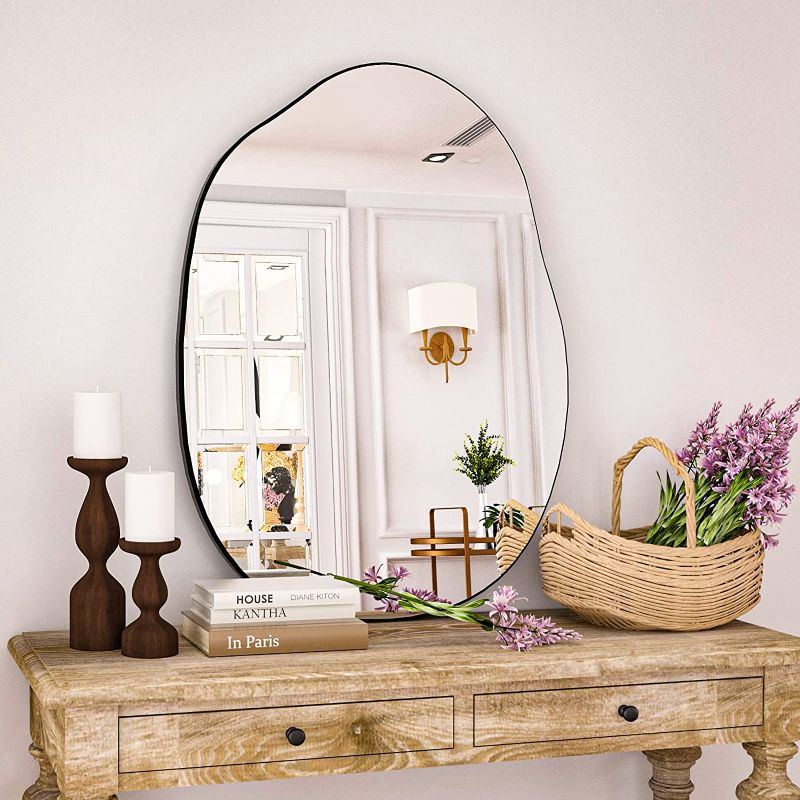 Photo 1 of HARRITPURE Irregular Wall Mirror 24"x32" Black Asymmetrical Bathroom Mirror Wood Framed Modern Decorative Vanity Mirrors for Bedroom Living Room Entryway
