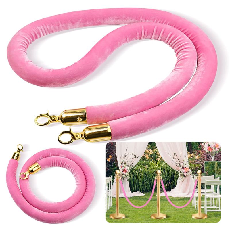 Photo 1 of 2 Pack Pink Velvet Rope, 5 Ft Pink Carpet Ropes, Velvet Stanchion Rope with Polished Gold Hooks for Crowd Control Barriers, Party, Wedding, Grand Openings, Restaurants, Museums
