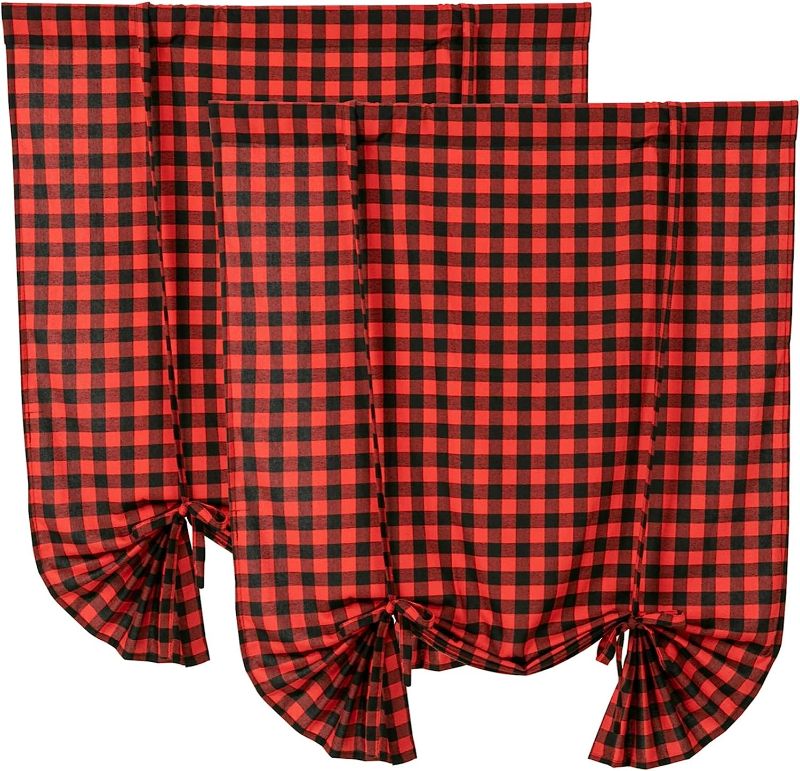 Photo 1 of 2 Pack Buffalo Check Plaid Tie Up Shades Farmhouse Style Gingham Rod Pocket Window Curtain for Kitchen 42x63 Inches White and Black (Red and Black)