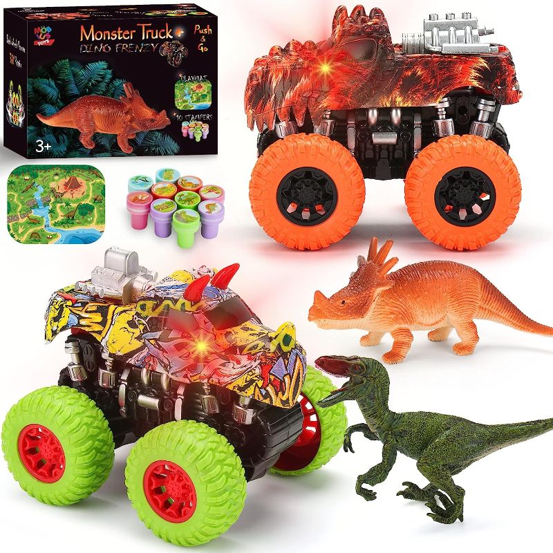Photo 1 of Dinosaur Monster Trucks and Toy Dinosaurs for Boys and Girls - Pull Back Friction Power Dino Cars w/Lights, Sounds, 360° Rotation for Toddlers and Kids 3 4 5 6 7 Years Old
