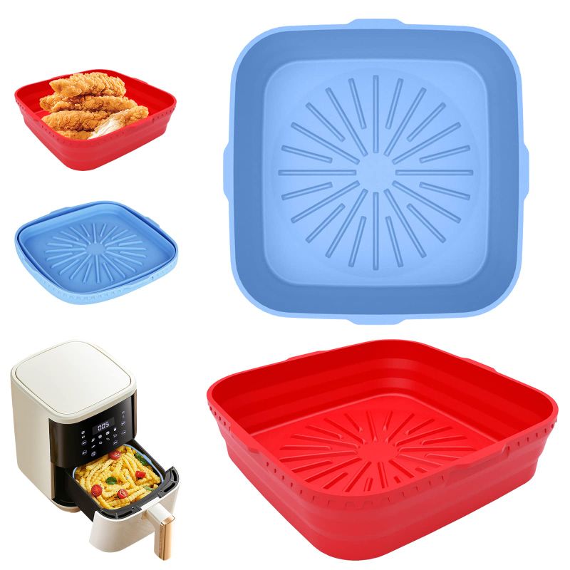 Photo 1 of 2-Pack Square Silicone Liners 8 inch Reusable Air Fryer Basket for 4 to 7 QT Air Fryer Inserts for Oven Microwave Accessories (Red+Blue) Square:Red+Blue