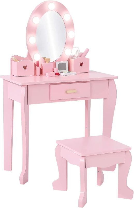 Photo 1 of Bophy Girls' Vanity Table and Chair Set, Kids Makeup Dressing Table with Lights & Wood Makeup Playset, Kids Vanity Set with Mirror & Drawer for Age 4-9, Pink