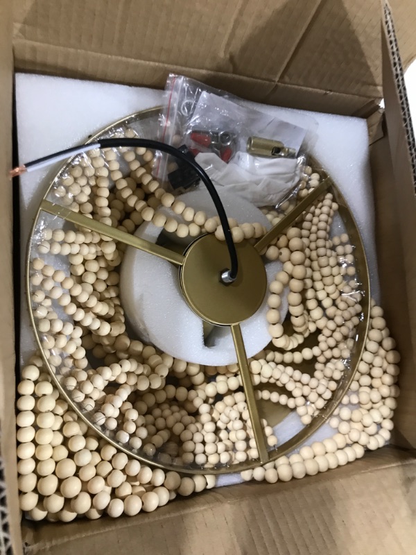 Photo 1 of 12.7" Boho Wood Beaded Light Fixture, 3-Light Gold Flush Mount Ceiling Light, Chandelier for Nursery Bedroom Girls Room Passway Closet Entryway Diam 12.7''