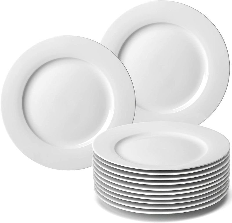 Photo 1 of 12-Piece White Porcelain Dinner Plates, Round Dessert or Salad Plate, Serving Dishes, Dinnerware Sets, Scratch Resistant, Lead-Free, Microwave, Oven and Dishwasher Safe (10.5-inch)
