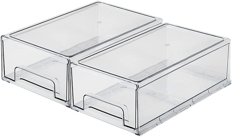 Photo 1 of 2 Pack Stackable Refrigerator Organizer Bins with Pull-out Drawer Clear Plastic Kitchen Storage Box for Fridge and Cabinets, 8.1" x 13.2" x 4.3"