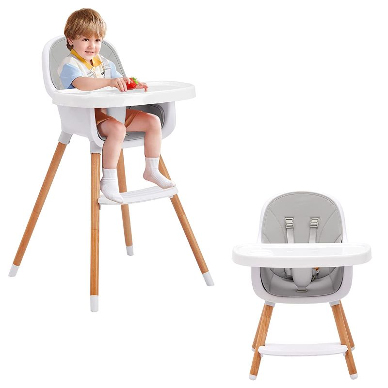 Photo 1 of 3-in-1 Convertible Wooden High Chair,Baby High Chair with Adjustable Legs & Dishwasher Safe Tray, Made of Sleek Hardwood & Premium Leatherette, Mid Grey