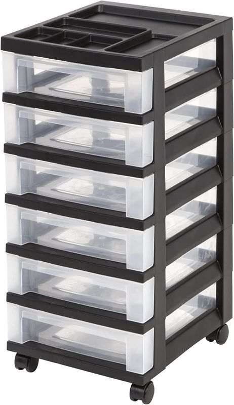 Photo 1 of Office Depot Medium Plastic Storage Cart, 6 Drawers, 26 7/16in.H x 12 1/16in.W x 14 1/4in.D, Black, 116815
