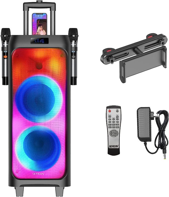 Photo 1 of GEARDON Karaoke Machine for Adults Kids, Dual 6.5" Subwoofer, Portable Outdoor Bluetooth Loud-Speaker w/Wireless Microphones for Singing Party, Recording, DJ Lights, Tablet Holder, 2 Mics PA System
