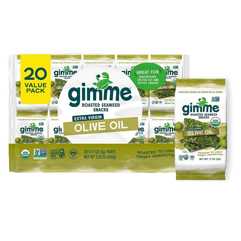 Photo 1 of 2pk of gimMe - Extra Virgin Olive Oil - 20 Count (40 total) - Organic Roasted Seaweed Sheets - Keto, Vegan, Gluten Free - Great Source of Iodine & Omega 3’s - Healthy On-The-Go Snack for Kids & Adults
BB: 06/28/23
