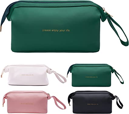 Photo 1 of ADVLC Large capacity Makeup Bag Cosmetic Bag Large opening leather Travel Portable Toiletry Bag Elegant green makeup bags for women Valentine's Day Christmas Thanksgiving Birthday Gifts(Single-green) 