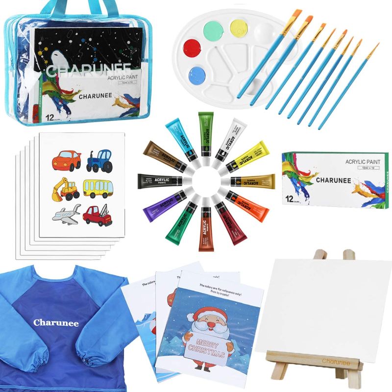 Photo 1 of Kids Paint Set,28 Pieces Acrylic Paint Set with 6 Paint Brushes 6PCS 8x10 Painting Canvas Tabletop Easel & Waterproof Art Smock Paint Palette Color Mixing Chart (Acrylic Art Set)

