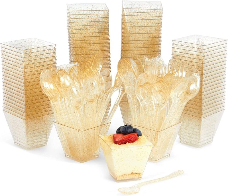 Photo 1 of 200-Pack Gold Glitter Square Dessert Cups with Spoons, Disposable Mini Dessert Shooter Cups with Spoons Included for Birthdays, Weddings, Anniversaries, Parties (100 Spoons & 100 Cups, 2 oz)
