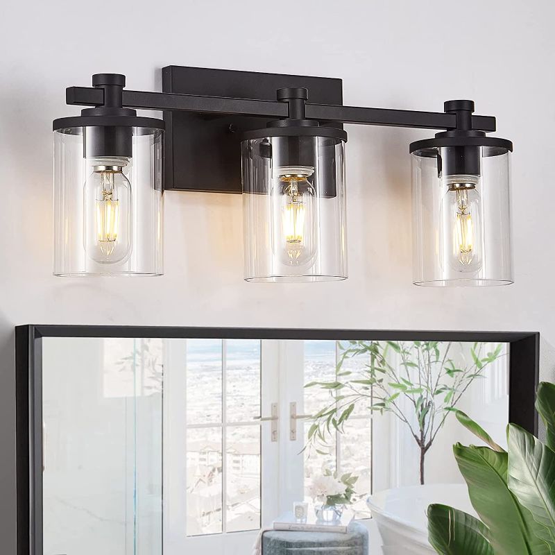 Photo 1 of 3 Light Bathroom Light Fixtures, Modern Black Vanity Lights Over Mirror, Wall Sconce with Clear Glass Shade and Metal Base, Matte Black Vanity Lights for Bathroom
