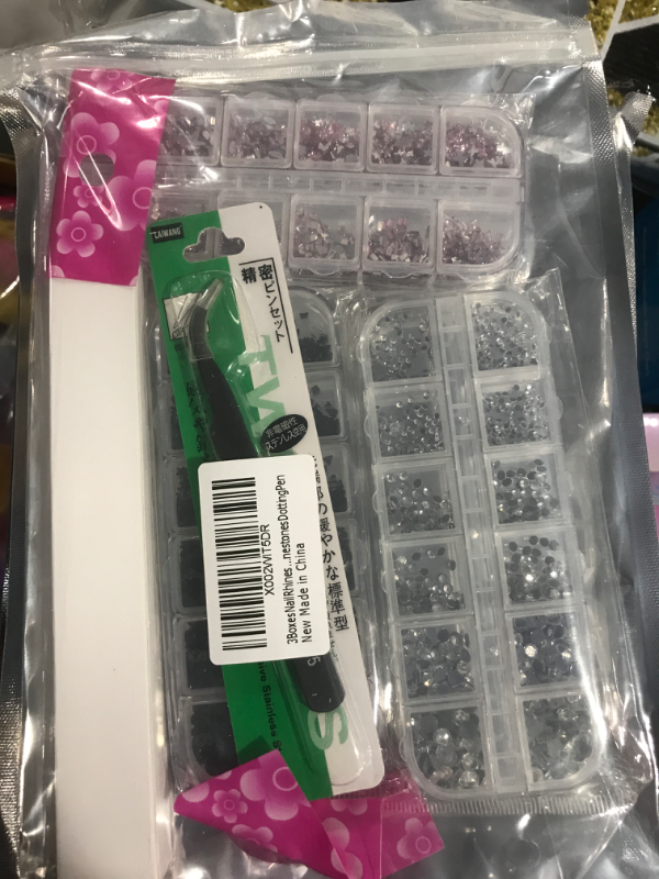 Photo 2 of 3 Boxes Nail Rhinestones, AB Crystals Nail Art Rhinestones Decorations Nail Stones for Nail Art Supplies with 1PC Tweezer and Rhinestones Dotting Pen