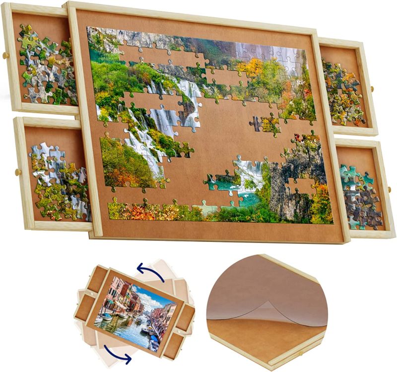 Photo 1 of 1500 Piece Wooden Jigsaw Puzzle Table - 4 Drawers, Rotating Puzzle Board | 35” X 28”