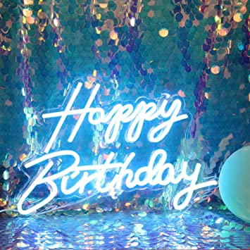 Photo 1 of  Neon Happy Birthday Sign Night Light Birthday Party Decorations Ice Blue USB Operated Decorative for Backdrop Party Bedroom Wall Décor 5v