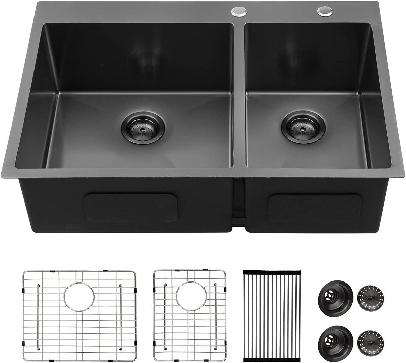 Photo 1 of 33 Double Bowl Kitchen Sink Black - Lordear 33 inch Kitchen Sink Drop in Gunmetal Black Double Bowl 60/40 Stainless Steel 16 Gauge Topmount Kitchen Sink Basin
